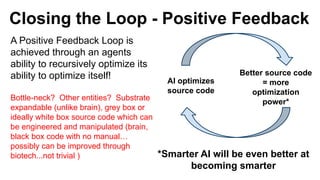 Closing the Loop - Positive Feedback
A Positive Feedback Loop is
achieved through an agents
ability to recursively optimize its
ability to optimize itself!
Bottle-neck? Other entities? Substrate
expandable (unlike brain), grey box or
ideally white box source code which can
be engineered and manipulated (brain,
black box code with no manual…
possibly can be improved through
biotech...not trivial )
Better source code
= more
optimization
power*
AI optimizes
source code
*Smarter AI will be even better at
becoming smarter
 