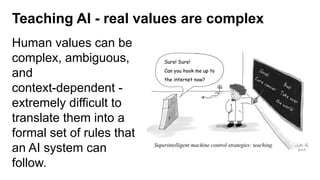 Teaching AI - real values are complex
Human values can be
complex, ambiguous,
and
context-dependent -
extremely difficult to
translate them into a
formal set of rules that
an AI system can
follow.
 