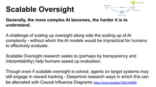 Scalable Oversight
Generally, the more complex AI becomes, the harder it is to
understand.
A challenge of scaling up oversight along side the scaling up of AI
complexity - without which the AI models would be impractical for humans
to effectively evaluate.
Scalable Oversight research seeks to (perhaps by transparency and
interpretability) help humans speed up evaluation.
Though even if scalable oversight is solved, agents on target systems may
still engage in reward hacking - Deepmind research ways in which this can
be alleviated with Causal Influence Diagrams https://arxiv.org/abs/1902.09980
 