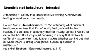 Unanticipated behaviours - Intended
Attempting AI Safety through exhaustive training & behavioural
testing in sandbox environments.
Failure Mode - Treacherous Turn: “An unfriendly AI of sufficient
intelligence realizes that it's unfriendly final goals will be best
realized if it behaves in a friendly manner initially, so that it will be let
out of the box. It will only start behaving in a way that reveals its
unfriendly nature when it no longer matters whether we find out; that
is, when the AI is strong enough that human opposition is
ineffectual.”
(see Nick Bostrom - Superintelligence, p. 117)
 