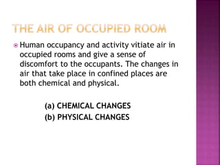  Human occupancy and activity vitiate air in
occupied rooms and give a sense of
discomfort to the occupants. The changes in
air that take place in confined places are
both chemical and physical.
(a) CHEMICAL CHANGES
(b) PHYSICAL CHANGES
 