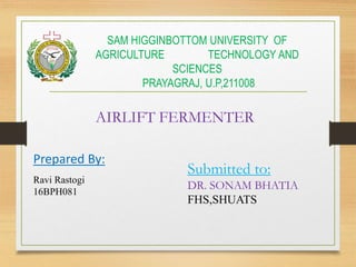 SAM HIGGINBOTTOM UNIVERSITY OF
AGRICULTURE TECHNOLOGY AND
SCIENCES
PRAYAGRAJ, U.P,211008
Prepared By:
Ravi Rastogi
16BPH081
AIRLIFT FERMENTER
Submitted to:
DR. SONAM BHATIA
FHS,SHUATS
 