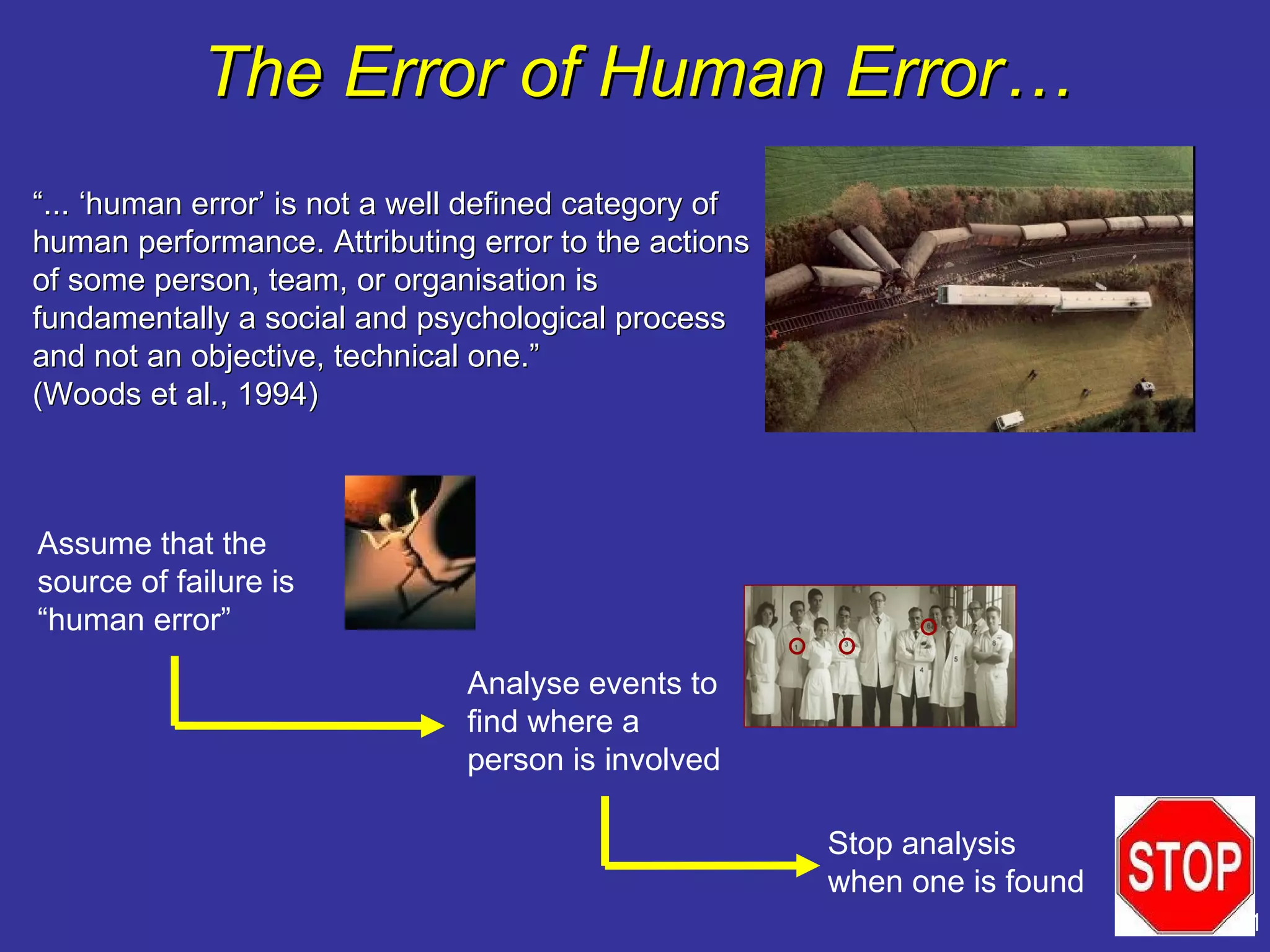 The Error of Human Error…
“... ‘human error’ is not a well defined category of
human performance. Attributing error to the actions
of some person, team, or organisation is
fundamentally a social and psychological process
and not an objective, technical one.”
(Woods et al., 1994)



Assume that the
source of failure is
“human error”

                               Analyse events to
                               find where a
                               person is involved

                                                       Stop analysis
                                                       when one is found
                                                                           11
 