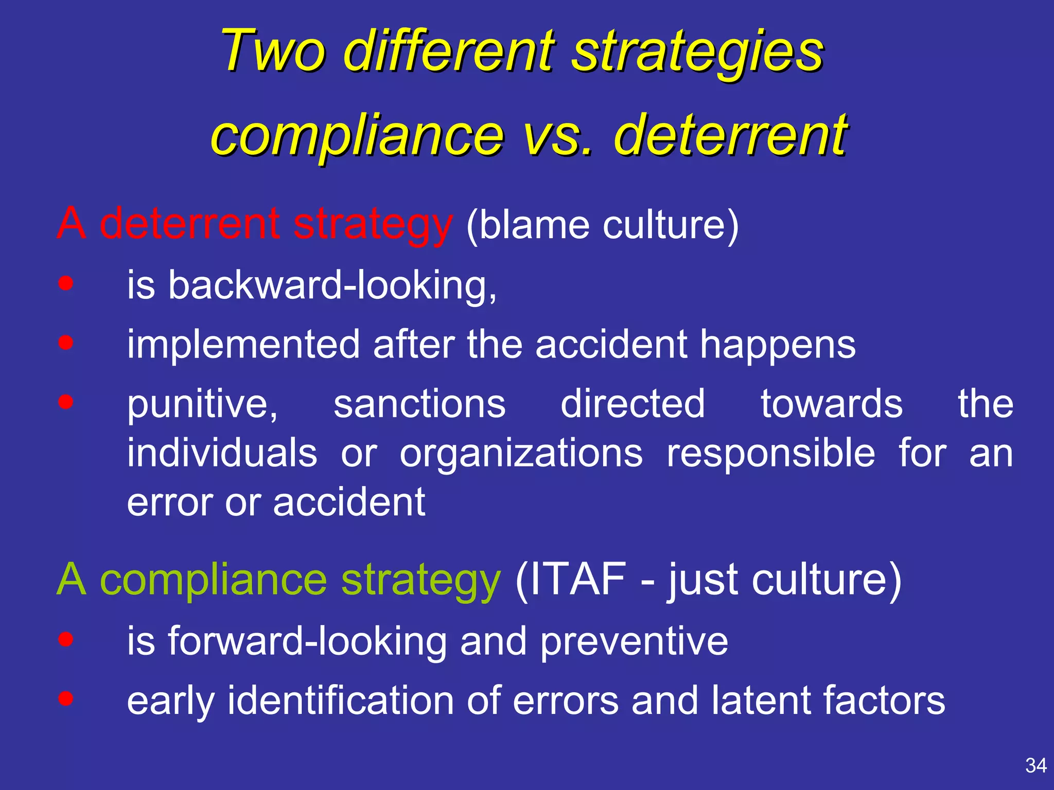 Two different strategies
        compliance vs. deterrent
A deterrent strategy (blame culture)
•   is backward-looking,
•   implemented after the accident happens
•   punitive, sanctions directed towards the
    individuals or organizations responsible for an
    error or accident
A compliance strategy (ITAF - just culture)
•   is forward-looking and preventive
•   early identification of errors and latent factors
                                                        34
 