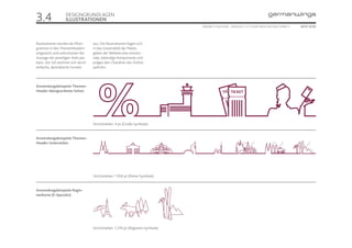 3.4                 DESIGNGRUNDLAGEN
                    ILLUSTRATIONEN
                                                                                   ONLINE STYLEGUIDE . VERSION 1.1 // © 2005 NEUE DIGITALE GMBH //   SEITE 15/55




Illustrationen werden als Pikto-      aus. Die Illustrationen fügen sich
gramme in den Themenheadern           in das Gesamtbild der Marke,
eingesetzt und unterstützen die       geben der Website eine emotio-
Aussage der jeweiligen Seite pla-     nale, lebendige Komponente und
kativ. Der Stil zeichnet sich durch   prägen den Charakter des Online-
einfache, abstrahierte Formen         auftritts.




Anwendungsbeispiele Themen-
Header übergeordnete Seiten




                                      Strichstärken: 4 pt (Große Symbole)


Anwendungsbeispiele Themen-
Header Unterseiten




                                      Strichstärken: 1.956 pt (Kleine Symbole)


Anwendungsbeispiele Regio-
nenkarte (E-Specials)




                                      Strichstärken: 1,276 pt (Regionen Symbole)
 