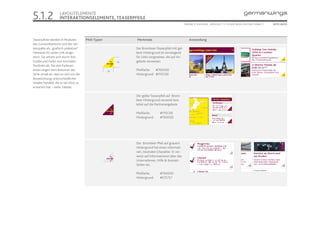 5.1.2               LAYOUTELEMENTE
                    INTERAKTIONSELEMENTE, TEASERPFEILE
                                                                                                   ONLINE STYLEGUIDE . VERSION 1.1 // © 2005 NEUE DIGITALE GMBH //   SEITE 26/55




Teaserpfeile werden in Modulen         Pfeil-Typen             Merkmale                                Anwendung
des Contentbereichs und der Sei-
tenspalte als „grafisch-plakative“                             Der Brombeer-Teaserpfeil mit gel-
Hinweise für einen Link einge-                                 bem Hintergrund ist vorwiegend
setzt. Sie setzen sich durch ihre                              für Links vorgesehen, die auf An-
Größe und Farbe von normalen                              28   gebote verweisen.
Textlinks ab. Die drei Farbvari-
anten zeigen dem Benutzer der                        28        Pfeilfarbe:  #76003D
Seite vorab an, dass es sich um die                            Hintergrund: #FFEC00
Auszeichnung unterschiedlicher
Inhalte handelt, die er bei Klick zu
erwarten hat – siehe Tabelle.

                                                               Der gelbe Teaserpfeil auf Brom-
                                                               beer Hintergrund verweist bzw.
                                                               leitet auf die Partnerangebote.

                                                               Pfeilfarbe:      #FFEC00
                                                               Hintergrund:     #76003D




                                                               Der Brombeer Pfeil auf grauem
                                                               Hintergrund hat einen informati-
                                                               ven, neutralen Charakter. Er ver-
                                                               weist auf Informationen über das
                                                               Unternehmen, Hilfe & Kontakt
                                                               Seiten etc.

                                                               Pfeilfarbe:      #76003D
                                                               Hintergrund:     #E7E7E7
 