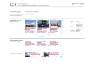 5.2.8              LAYOUTELEMENTE
                   ELEMENTE DES CONTENTBEREICHS, INFOMODULE
                                                                                                    ONLINE STYLEGUIDE . VERSION 1.1 // © 2005 NEUE DIGITALE GMBH //    SEITE 36/55




Die Infomodule verlinken zu          durch den Einsatz von Bildern das
Hauptthemen der Website. Sie         Interesse der Nutzer nach mehr
dienen als Vorschau für den Inhalt   Informationen wecken.
der Unterseiten und sollen u.a.




Infomodule mit Bild im Un-
ternehmensbereich                                                                                                                               Schrift:     Verdana
(3-spaltig)                                                                                                                                     Stil:        regular (Overline)
                                                                                                                           120                               bold (Headline)
                                                                                                                                                             regular (Copy)
                                                                                                                               227              Größe:       10 pt (Overline)
                                                                                                                                                             14 pt (Headline)
                                                                                                                                                             11 pt (Copy)
                                                                                                                                                Textfarbe:   #76003D
                                                                                                                                                Hintergrund: #FFFFFF


                                                                                    592    6          188           28
                                                                                                6
                                                                   Linie: 2 px (#D5D5D5)




Infomodule Text im Unterneh-
mensbereich (3-spaltig)




Infomodule Bild (2-spaltig)
                                                                                                                          80




                                                                                      6    12                       28
                                                                                    592               197
 