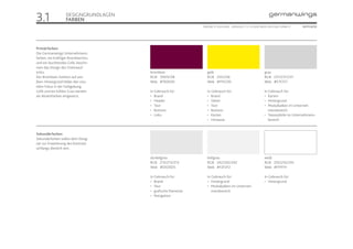 3.1                DESIGNGRUNDLAGEN
                   FARBEN
                                                             ONLINE STYLEGUIDE . VERSION 1.1 // © 2005 NEUE DIGITALE GMBH //    SEITE 8/55




Primärfarben
Die Germanwings Unternehmens-
farben, ein kräftiger Brombeerton,
und ein leuchtendes Gelb, bestim-
men das Design des Onlineauf-
tritts.                               brombeer                  gelb                                     grau
Der Brombeer-Farbton auf wei-         RGB 109/0/58              RGB 255/236                              RGB 231/231/231
ßem Hintergrund bildet den visu-      Web #76003D               Web #FFEC00                              Web #E7E7E7
ellen Fokus in der Farbgebung.
Gelb und ein kühles Grau werden       In Gebrauch für:          In Gebrauch für:                         In Gebrauch für:
als Akzentfarben eingesetzt.          • Brand                   • Brand                                  • Karten
                                      • Header                  • Störer                                 • Hintergrund
                                      • Text                    • Text                                   • Modulbalken im Unterneh-
                                      • Buttons                 • Buttons                                   mensbereich
                                      • Links                   • Karten                                 • Teaserpfeile im Unternehmens-
                                                                • Hinweise                                  bereich


Sekundärfarben
Sekundärfarben sollen dem Desig-
ner zur Erweiterung des Kontrast-
umfangs dienlich sein.

                                      dunkelgrau                hellgrau                                 weiß
                                      RGB 213/213/213           RGB 242/242/242                          RGB 255/255/255
                                      Web #D5D5D5               Web #F2F2F2                              Web #FFFFFF

                                      In Gebrauch für:          In Gebrauch für:                         In Gebrauch für:
                                      • Brand                   • Hintergrund                            • Hintergrund
                                      • Text                    • Modulbalken im Unterneh-
                                      • grafische Elemente         mensbereich
                                      • Navigation
 