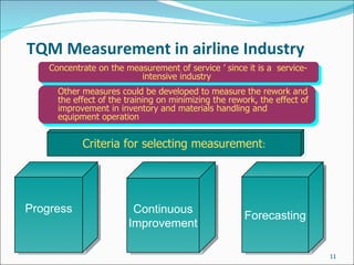 TQM Measurement in airline Industry Concentrate on the measurement of service ’ since it is a  service-intensive industry Other measures could be developed to measure the rework and the effect of the training on minimizing the rework, the effect of improvement in inventory and materials handling and equipment operation Criteria for selecting measurement : Progress Continuous Improvement Forecasting 