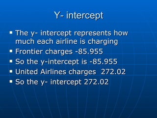 Y- intercept The y- intercept represents how much each airline is charging Frontier charges -85.955 So the y-intercept is -85.955 United Airlines charges  272.02 So the y- intercept 272.02 