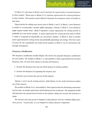 In Figure 4-5, plus signs in Blocks 1 and 2 represent the opportunities to increase frequency
in these markets. Minus signs in Blocks 3 to 5 represent opportunities for reducing frequency
in these markets. The question mark in Block 6 represents the ambiguous nature of markets in
this block.
Opportunities for adding more service exist in Blocks 1 and 2. In Block 1, more frequency
is needed to accommodate currently spilled passengers, whereas in Block 2, more frequency
might expand market share. Block 3 represents a minor opportunity for cutting services in
profitable and over-served markets. A major opportunity for cutting services exists in Block
4, which is composed of unprofitable, yet over-served, markets. In Block 5, there is another
minor opportunity for cutting service and potentially generating cost savings. The best course
of action for the unprofitable and under-served markets in Block 6 can be determined only
through investigation.
Frequency Modification
The frequency modification module (Figure 4-6) derives the proposed frequency modification
for each market. For markets in Blocks 1, 2, and possibly 6, where opportunities for increased
frequency exist, we have three options to increase the frequency:
1. increase the frequency into and out of hub airports in existing markets,
2. increase the frequency by bypassing hub airports, and
3. introduce new services into and out of hub airports.
Options 1 and 2 are for existing services, while Option 3 is for newly introduced markets
out of hub airports.
For markets in Blocks 3 to 5, and possibly 6, where opportunities for eliminating unnecessary
services exist, we simply mark some or all of existing services as optional. Our integrated models
will determine the optimal level of service in the markets, taking into account the network as a
whole.
We reiterate that this process is designed to help planners with the candidate flight gener-
ation process. In particular, it is not designed to replace planners' judgements.
101
 