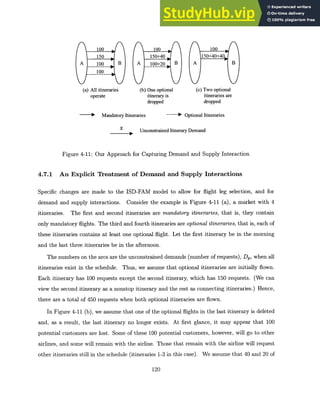 100 100 100
150 150+40 150+40+40
A 100 B A _100+20 B A B
100
(a) All itineraries (b) One optional (c) Two optional
operate itinerary is itineraries are
dropped dropped
1+ Mandatory Itineraries ----- * Optional Itineraries
x Unconstrained Itinerary Demand
Figure 4-11: Our Approach for Capturing Demand and Supply Interaction
4.7.1 An Explicit Treatment of Demand and Supply Interactions
Specific changes are made to the ISD-FAM model to allow for flight leg selection, and for
demand and supply interactions. Consider the example in Figure 4-11 (a), a market with 4
itineraries. The first and second itineraries are mandatory itineraries,that is, they contain
only mandatory flights. The third and fourth itineraries are optionalitineraries,that is, each of
these itineraries contains at least one optional flight. Let the first itinerary be in the morning
and the last three itineraries be in the afternoon.
The numbers on the arcs are the unconstrained demands (number of requests), Dp, when all
itineraries exist in the schedule. Thus, we assume that optional itineraries are initially flown.
Each itinerary has 100 requests except the second itinerary, which has 150 requests. (We can
view the second itinerary as a nonstop itinerary and the rest as connecting itineraries.) Hence,
there are a total of 450 requests when both optional itineraries are flown.
In Figure 4-11 (b), we assume that one of the optional flights in the last itinerary is deleted
and, as a result, the last itinerary no longer exists. At first glance, it may appear that 100
potential customers are lost. Some of these 100 potential customers, however, will go to other
airlines, and some will remain with the airline. Those that remain with the airline will request
other itineraries still in the schedule (itineraries 1-3 in this case). We assume that 40 and 20 of
120
 