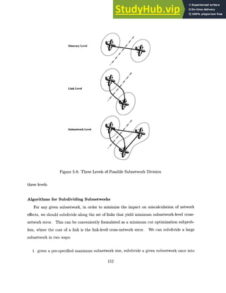 ItineraryLevel
Link Level
Subnetwork Level
%
I
/*
/*
%/
Figure 5-8: Three Levels of Possible Subnetwork Division
three levels.
Algorithms for Subdividing Subnetworks
For any given subnetwork, in order to minimize the impact on miscalculation of network
effects, we should subdivide along the set of links that yield minimum subnetwork-level cross-
network error. This can be conveniently formulated as a minimum cut optimization subprob-
lem, where the cost of a link is the link-level cross-network error. We can subdivide a large
subnetwork in two ways:
1. given a pre-specified maximum subnetwork size, subdivide a given subnetwork once into
152
 