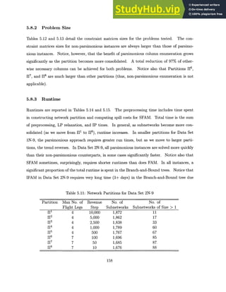 5.8.2 Problem Size
Tables 5.12 and 5.13 detail the constraint matrices sizes for the problems tested. The con-
straint matrices sizes for non-parsimonious instances are always larger than those of parsimo-
nious instances. Notice, however, that the benefit of parsimonious column enumeration grows
significantly as the partition becomes more consolidated. A total reduction of 97% of other-
wise necessary columns can be achieved for both problems. Notice also that Partitions H6,
Wl, and 118 are much larger than other partitions (thus, non-parsimonious enumeration is not
applicable).
5.8.3 Runtime
Runtimes are reported in Tables 5.14 and 5.15. The preprocessing time includes time spent
in constructing network partition and computing spill costs for SFAM. Total time is the sum
of preprocessing, LP relaxation, and IP times. In general, as subnetworks become more con-
solidated (as we move from H1 to H8), runtime increases. In smaller partitions for Data Set
1N-9, the parsimonious approach requires greater run times, but as we move to larger parti-
tions, the trend reverses. In Data Set 2N-9, all parsimonious instances are solved more quickly
than their non-parsimonious counterparts, in some cases significantly faster. Notice also that
SFAM sometimes, surprisingly, requires shorter runtimes than does FAM. In all instances, a
significant proportion of the total runtime is spent in the Branch-and-Bound trees. Notice that
IFAM in Data Set 2N-9 requires very long time (3+ days) in the Branch-and-Bound tree due
Table 5.11: Network Partitions for Data Set 2N-9
Partition Max No. of Revenue No. of No. of
Flight Legs Step Subnetworks Subnetworks of Size > 1
Ill 4 10,000 1,872 11
11
2
4 5,000 1,862 17
H3 4 2,500 1,838 33
H4 4 1,000 1,789 60
5
4 500 1,767 67
W 7 100 1,696 85
W 7 50 1,685 87
18 7 10 1,676 88
158
 