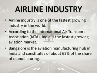 • Airline industry is one of the fastest growing
industry in the world.
• According to the International Air Transport
Association (IATA), India is the fastest growing
aviation market.
• Bangalore is the aviation manufacturing hub in
India and constitutes of about 65% of the share
of manufacturing.