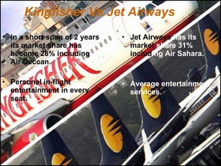 Kingfisher Vs Jet Airways <ul><li>In a short span of 2 years its market share has become 28% including Air Deccan. </li></...