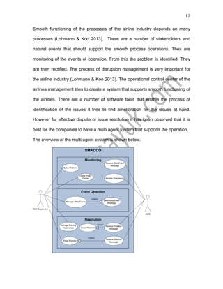 12
Smooth functioning of the processes of the airline industry depends on many
processes (Lohmann & Koo 2013). There are a number of stakeholders and
natural events that should support the smooth process operations. They are
monitoring of the events of operation. From this the problem is identified. They
are then rectified. The process of disruption management is very important for
the airline industry (Lohmann & Koo 2013). The operational control center of the
airlines management tries to create a system that supports smooth functioning of
the airlines. There are a number of software tools that enable the process of
identification of the issues it tries to find amelioration for the issues at hand.
However for effective dispute or issue resolution it has been observed that it is
best for the companies to have a multi agent system that supports the operation.
The overview of the multi agent system is shown below.
 