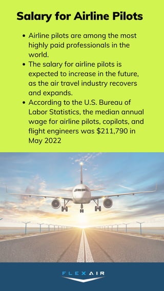 Salary for Airline Pilots
Airline pilots are among the most
highly paid professionals in the
world.
The salary for airline pilots is
expected to increase in the future,
as the air travel industry recovers
and expands.
According to the U.S. Bureau of
Labor Statistics, the median annual
wage for airline pilots, copilots, and
flight engineers was $211,790 in
May 2022
 