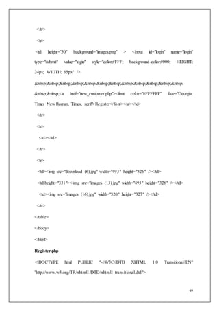 49
</tr>
<tr>
<td height="50" background="images.png" > <input id="login" name="login"
type="submit" value="login" style="color:#FFF; background-color:#000; HEIGHT:
24px; WIDTH: 65px" />
&nbsp;&nbsp;&nbsp;&nbsp;&nbsp;&nbsp;&nbsp;&nbsp;&nbsp;&nbsp;&nbsp;&nbsp;
&nbsp;&nbsp;<a href="new_customer.php"><font color="#FFFFFF" face="Georgia,
Times New Roman, Times, serif">Register</font></a></td>
</tr>
<tr>
<td></td>
</tr>
<tr>
<td><img src="download (6).jpg" width="493" height="326" /></td>
<td height="331"><img src="images (13).jpg" width="493" height="326" /></td>
<td><img src="images (16).jpg" width="320" height="327" /></td>
</tr>
</table>
</body>
</html>
Register.php
<!DOCTYPE html PUBLIC "-//W3C//DTD XHTML 1.0 Transitional//EN"
"http://www.w3.org/TR/xhtml1/DTD/xhtml1-transitional.dtd">
 