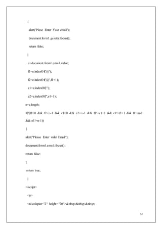52
{
alert("Plese Enter Your email");
document.form1.gender.focus();
return false;
}
e=document.form1.email.value;
f1=e.indexOf('@');
f2=e.indexOf('@',f1+1);
e1=e.indexOf('.');
e2=e.indexOf('',e1+1);
n=e.length;
if(!(f1>0 && f2==-1 && e1>0 && e2==-1 && f1!=e1+1 && e1!=f1+1 && f1!=n-1
&& e1!=n-1))
{
alert("Please Enter valid Email");
document.form1.email.focus();
return false;
}
return true;
}
</script>
<tr>
<td colspan="2" height="70">&nbsp;&nbsp;&nbsp;
 