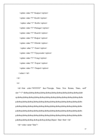 67
<option value="4">Kanpur</option>
<option value="5">Kochi</option>
<option value="1">Kullu</option>
<option value="2">Patnagar</option>
<option value="3">Ranchi</option>
<option value="4">Raipur</option>
<option value="5">Shimla</option>
<option value="1">Surat</option>
<option value="2">Vijayawada</option>
<option value="3">Vizag</option>
<option value="4">Tezpur</option>
<option value="5">Tirupati</option>
</select></td>
</tr>
<tr>
<td><font color="#FFFFFF" face="Georgia, Times New Roman, Times, serif"
size="+1">&nbsp;&nbsp;&nbsp;&nbsp;&nbsp;&nbsp;&nbsp;&nbsp;&nbsp;&nbsp;&nb
sp;&nbsp;&nbsp;&nbsp;&nbsp;&nbsp;&nbsp;&nbsp;&nbsp;&nbsp;&nbsp;&nbsp;&nbs
p;&nbsp;&nbsp;&nbsp;&nbsp;&nbsp;&nbsp;&nbsp;&nbsp;&nbsp;&nbsp;&nbsp;&nbs
p;&nbsp;&nbsp;&nbsp;&nbsp;&nbsp;&nbsp;&nbsp;&nbsp;&nbsp;&nbsp;&nbsp;&nbs
p;&nbsp;&nbsp;&nbsp;&nbsp;&nbsp;&nbsp;&nbsp;&nbsp;&nbsp;&nbsp;&nbsp;&nbs
p;&nbsp;&nbsp;&nbsp;&nbsp;&nbsp;&nbsp;&nbsp;&nbsp;&nbsp;&nbsp;&nbsp;&nbs
p;&nbsp;&nbsp;&nbsp;&nbsp;&nbsp;&nbsp;Depart Date</font></td>
<td><select name="date">
 