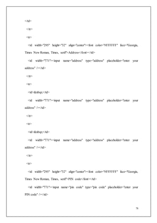78
</td>
</tr>
<tr>
<td width="295" height="32" align="center"><font color="#FFFFFF" face="Georgia,
Times New Roman, Times, serif">Address</font></td>
<td width="771"><input name="address" type="address" placeholder="enter your
address" /></td>
</tr>
<tr>
<td>&nbsp;</td>
<td width="771"><input name="address" type="address" placeholder="enter your
address" /></td>
</tr>
<tr>
<td>&nbsp;</td>
<td width="771"><input name="address" type="address" placeholder="enter your
address" /></td>
</tr>
<tr>
<td width="295" height="32" align="center"><font color="#FFFFFF" face="Georgia,
Times New Roman, Times, serif">PIN code</font></td>
<td width="771"><input name="pin code" type="pin code" placeholder="enter your
PIN code" /></td>
 