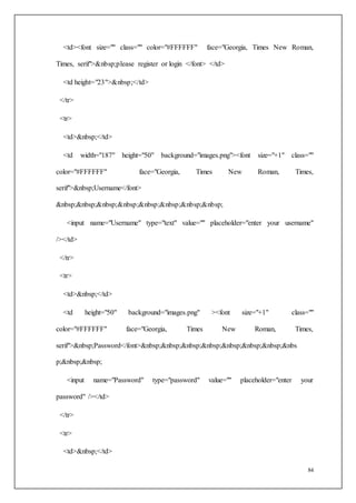 84
<td><font size="" class="" color="#FFFFFF" face="Georgia, Times New Roman,
Times, serif">&nbsp;please register or login </font> </td>
<td height="23">&nbsp;</td>
</tr>
<tr>
<td>&nbsp;</td>
<td width="187" height="50" background="images.png"><font size="+1" class=""
color="#FFFFFF" face="Georgia, Times New Roman, Times,
serif">&nbsp;Username</font>
&nbsp;&nbsp;&nbsp;&nbsp;&nbsp;&nbsp;&nbsp;&nbsp;
<input name="Username" type="text" value="" placeholder="enter your username"
/></td>
</tr>
<tr>
<td>&nbsp;</td>
<td height="50" background="images.png" ><font size="+1" class=""
color="#FFFFFF" face="Georgia, Times New Roman, Times,
serif">&nbsp;Password</font>&nbsp;&nbsp;&nbsp;&nbsp;&nbsp;&nbsp;&nbsp;&nbs
p;&nbsp;&nbsp;
<input name="Password" type="password" value="" placeholder="enter your
password" /></td>
</tr>
<tr>
<td>&nbsp;</td>
 