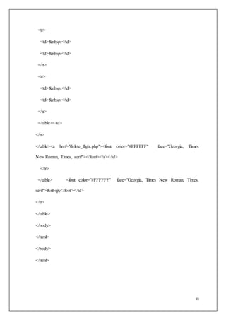 88
<tr>
<td>&nbsp;</td>
<td>&nbsp;</td>
</tr>
<tr>
<td>&nbsp;</td>
<td>&nbsp;</td>
</tr>
</table></td>
</tr>
</table><a href="delete_flight.php"><font color="#FFFFFF" face="Georgia, Times
New Roman, Times, serif"></font></a></td>
</tr>
</table> <font color="#FFFFFF" face="Georgia, Times New Roman, Times,
serif">&nbsp;</font></td>
</tr>
</table>
</body>
</html>
</body>
</html>
 