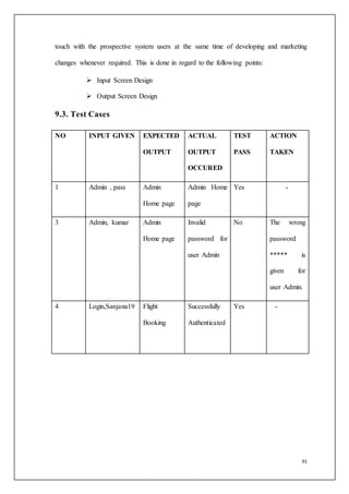 91
touch with the prospective system users at the same time of developing and marketing
changes whenever required. This is done in regard to the following points:
 Input Screen Design
 Output Screen Design
9.3. Test Cases
NO INPUT GIVEN EXPECTED
OUTPUT
ACTUAL
OUTPUT
OCCURED
TEST
PASS
ACTION
TAKEN
1 Admin , pass Admin
Home page
Admin Home
page
Yes -
3 Admin, kumar Admin
Home page
Invalid
password for
user Admin
No The wrong
password
***** is
given for
user Admin.
4 Login,Sanjana19 Flight
Booking
Successfully
Authenticated
Yes -
 