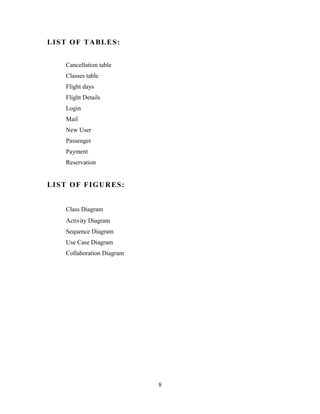 LIST OF TABLES:
Cancellation table
Classes table
Flight days
Flight Details
Login
Mail
New User
Passenger
Payment
Reservation
LIST OF FIGURES:
Class Diagram
Activity Diagram
Sequence Diagram
Use Case Diagram
Collaboration Diagram
8
 