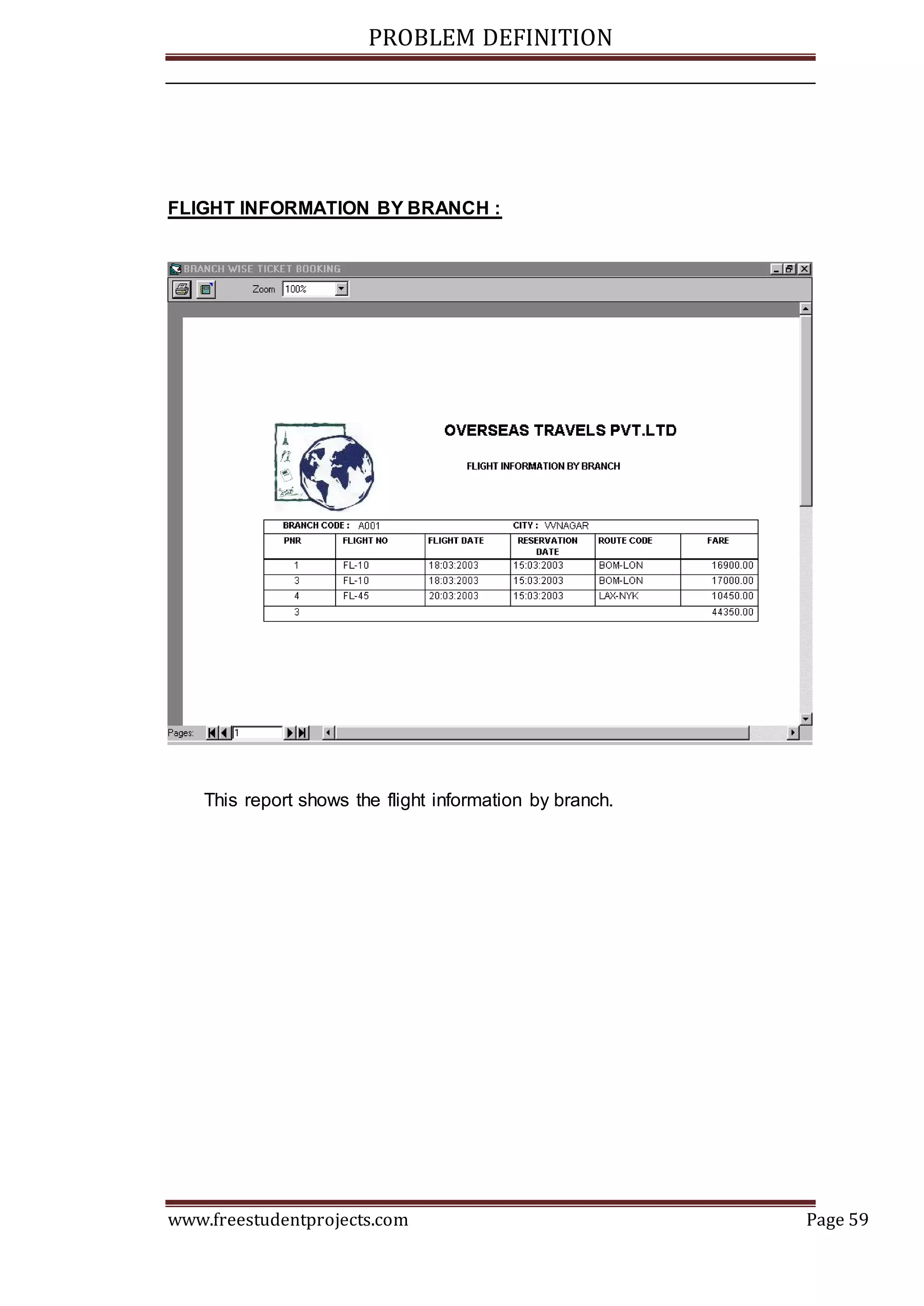 PROBLEM DEFINITION
www.freestudentprojects.com Page 59
FLIGHT INFORMATION BY BRANCH :
This report shows the flight information by branch.
 