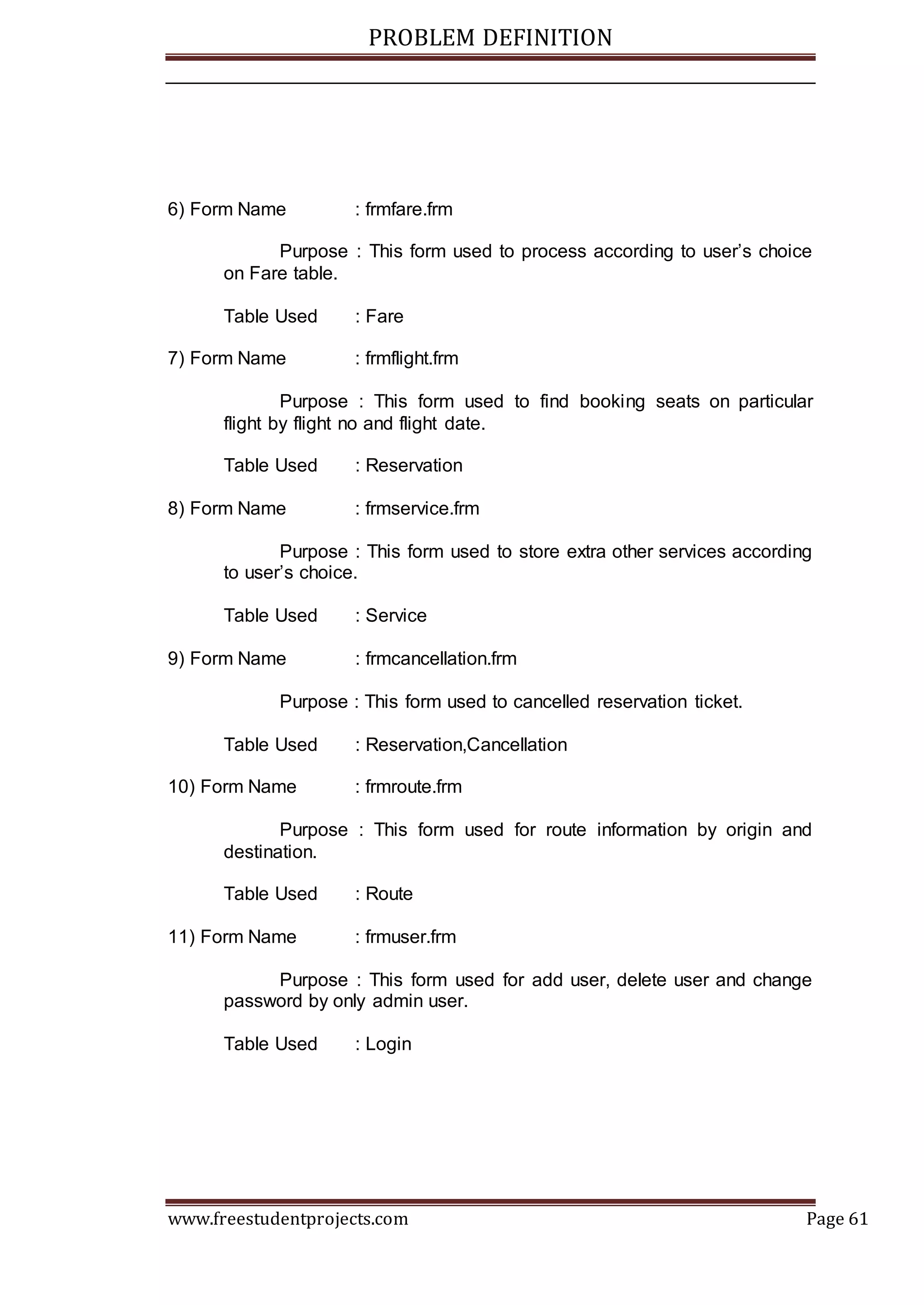 PROBLEM DEFINITION
www.freestudentprojects.com Page 61
6) Form Name : frmfare.frm
Purpose : This form used to process according to user’s choice
on Fare table.
Table Used : Fare
7) Form Name : frmflight.frm
Purpose : This form used to find booking seats on particular
flight by flight no and flight date.
Table Used : Reservation
8) Form Name : frmservice.frm
Purpose : This form used to store extra other services according
to user’s choice.
Table Used : Service
9) Form Name : frmcancellation.frm
Purpose : This form used to cancelled reservation ticket.
Table Used : Reservation,Cancellation
10) Form Name : frmroute.frm
Purpose : This form used for route information by origin and
destination.
Table Used : Route
11) Form Name : frmuser.frm
Purpose : This form used for add user, delete user and change
password by only admin user.
Table Used : Login
 
