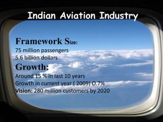 Indian Aviation Industry Framework Size:  75 million passengers 5.6 billion dollars Growth: Around 15 % in last 10 years Growth in current year ( 2009) O.7% Vision: 280 million customers by 2020 