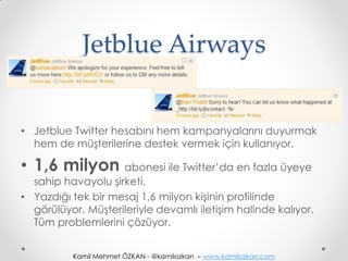 Jetblue Airways


• Jetblue Twitter hesabını hem kampanyalarını duyurmak
  hem de müşterilerine destek vermek için kullanıyor.

• 1,6 milyon abonesi ile Twitter’da en fazla üyeye
  sahip havayolu şirketi.
• Yazdığı tek bir mesaj 1,6 milyon kişinin profilinde
  görülüyor. Müşterileriyle devamlı iletişim halinde kalıyor.
  Tüm problemlerini çözüyor.


          Kamil Mehmet ÖZKAN - @kamilozkan – www.kamilozkan.com
 