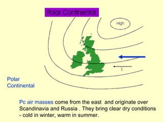 Polar Continental Pc air masses  come from the east  and originate over Scandinavia and Russia . They bring clear dry conditions - cold in winter, warm in summer. 