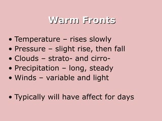 Warm Fronts Temperature – rises slowly Pressure – slight rise, then fall Clouds – strato- and cirro- Precipitation – long, steady Winds – variable and light Typically will have affect for days 