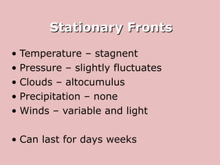 Stationary Fronts Temperature – stagnent Pressure – slightly fluctuates Clouds – altocumulus Precipitation – none Winds – variable and light Can last for days weeks 