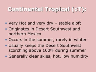 Continental Tropical (cT):   Very Hot and very dry – stable aloft  Originates in Desert Southwest and northern Mexico  Occurs in the summer, rarely in winter Usually keeps the Desert Southwest scorching above 100 o F during summer Generally clear skies, hot, low humidity 