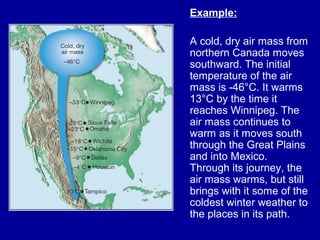 Example:
A cold, dry air mass from
northern Canada moves
southward. The initial
temperature of the air
mass is -46°C. It warms
13°C by the time it
reaches Winnipeg. The
air mass continues to
warm as it moves south
through the Great Plains
and into Mexico.
Through its journey, the
air mass warms, but still
brings with it some of the
coldest winter weather to
the places in its path.
 
