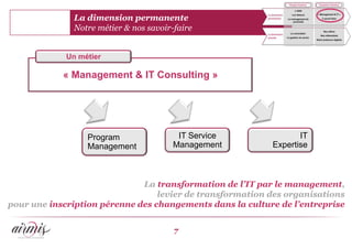 La dimension permanente
               Notre métier & nos savoir-faire


             Un métier

            « Management & IT Consulting »




                  Program                 IT Service              IT
                  Management             Management        Expertise



                              La transformation de l’IT par le management,
                                  levier de transformation des organisations
pour une inscription pérenne des changements dans la culture de l’entreprise


                                         7
 