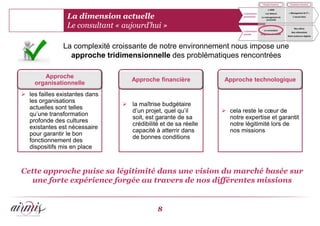 La dimension actuelle
                 Le consultant « aujourd’hui »

               La complexité croissante de notre environnement nous impose une
                 approche tridimensionnelle des problématiques rencontrées

        Approche
                                   Approche financière           Approche technologique
     organisationnelle
 les failles existantes dans
  les organisations
                                 la maîtrise budgétaire
  actuelles sont telles
                                  d’un projet, quel qu’il        cela reste le cœur de
  qu’une transformation
                                  soit, est garante de sa         notre expertise et garantit
  profonde des cultures
                                  crédibilité et de sa réelle     notre légitimité lors de
  existantes est nécessaire
                                  capacité à atterrir dans        nos missions
  pour garantir le bon
                                  de bonnes conditions
  fonctionnement des
  dispositifs mis en place



Cette approche puise sa légitimité dans une vision du marché basée sur
  une forte expérience forgée au travers de nos différentes missions


                                             8
 