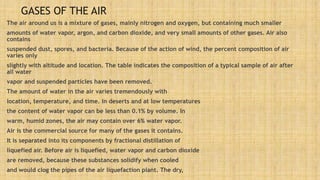 GASES OF THE AIR
The air around us is a mixture of gases, mainly nitrogen and oxygen, but containing much smaller
amounts of water vapor, argon, and carbon dioxide, and very small amounts of other gases. Air also
contains
suspended dust, spores, and bacteria. Because of the action of wind, the percent composition of air
varies only
slightly with altitude and location. The table indicates the composition of a typical sample of air after
all water
vapor and suspended particles have been removed.
The amount of water in the air varies tremendously with
location, temperature, and time. In deserts and at low temperatures
the content of water vapor can be less than 0.1% by volume. In
warm, humid zones, the air may contain over 6% water vapor.
Air is the commercial source for many of the gases it contains.
It is separated into its components by fractional distillation of
liquefied air. Before air is liquefied, water vapor and carbon dioxide
are removed, because these substances solidify when cooled
and would clog the pipes of the air liquefaction plant. The dry,
 