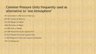 Common Pressure Units frequently used as
alternative to "one Atmosphere"
•76 Centimeters (760 mm) of Mercury
•29.921 Inches of Mercury
•10.332 Meters of Water
•406.78 Inches of Water
•33.899 Feet of Water
•14.696 Pound-Force per Square Inch
•2116.2 Pounds-Force per Square Foot
•1.033 Kilograms-Force per Square Centimeter
•101.33 Kilopascal
 