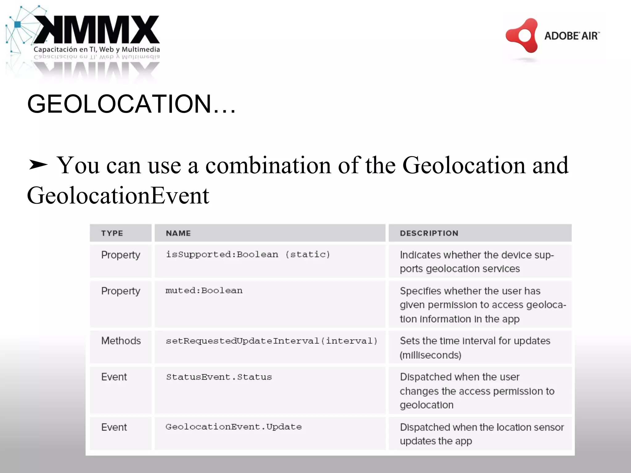 GEOLOCATION…

➤ You can use a combination of the Geolocation and
GeolocationEvent
 