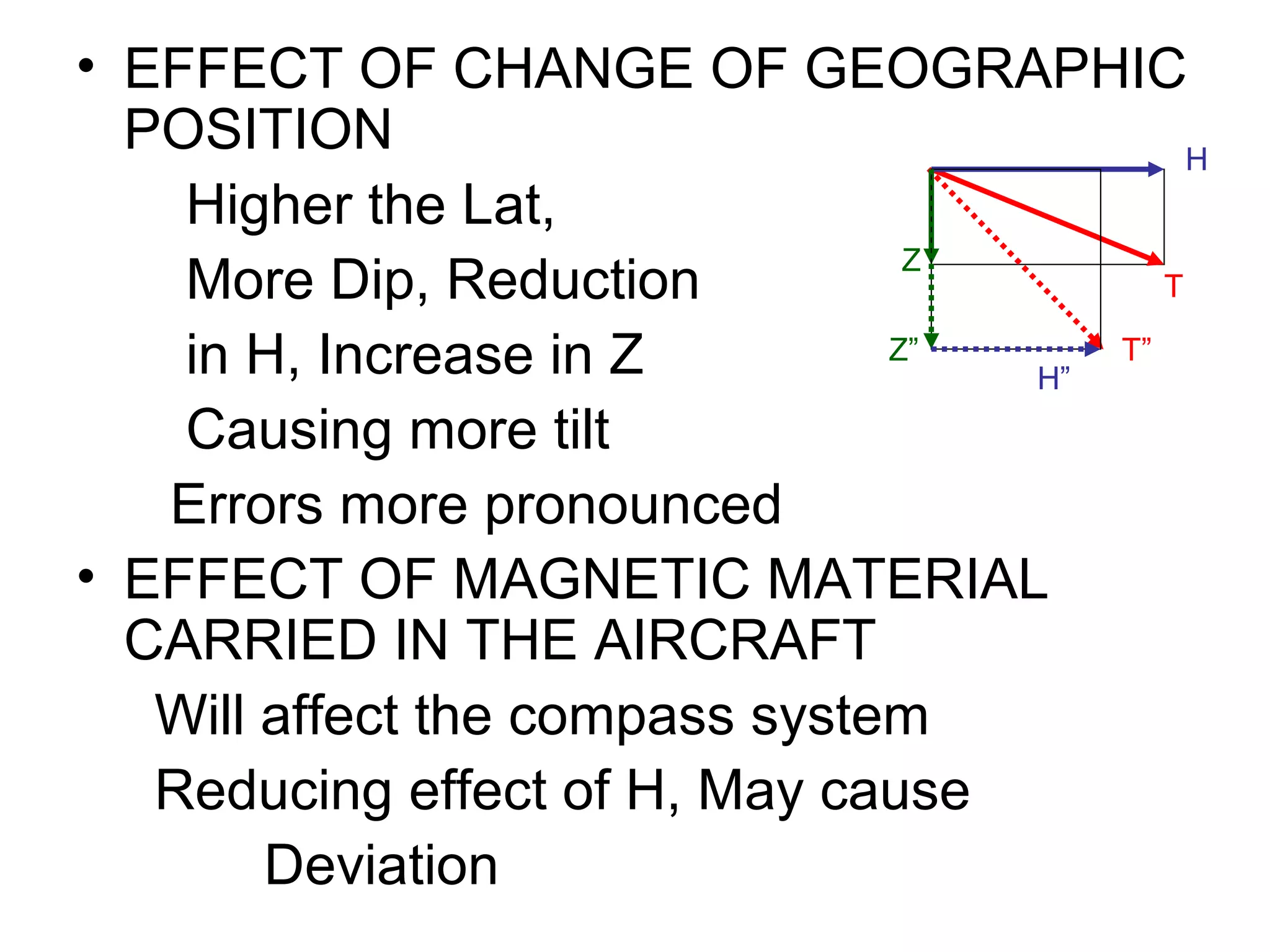• EFFECT OF CHANGE OF GEOGRAPHIC
POSITION
Higher the Lat,
More Dip, Reduction
in H, Increase in Z
Causing more tilt
Errors more pronounced
• EFFECT OF MAGNETIC MATERIAL
CARRIED IN THE AIRCRAFT
Will affect the compass system
Reducing effect of H, May cause
Deviation
T
H
Z
T”Z”
H”
 