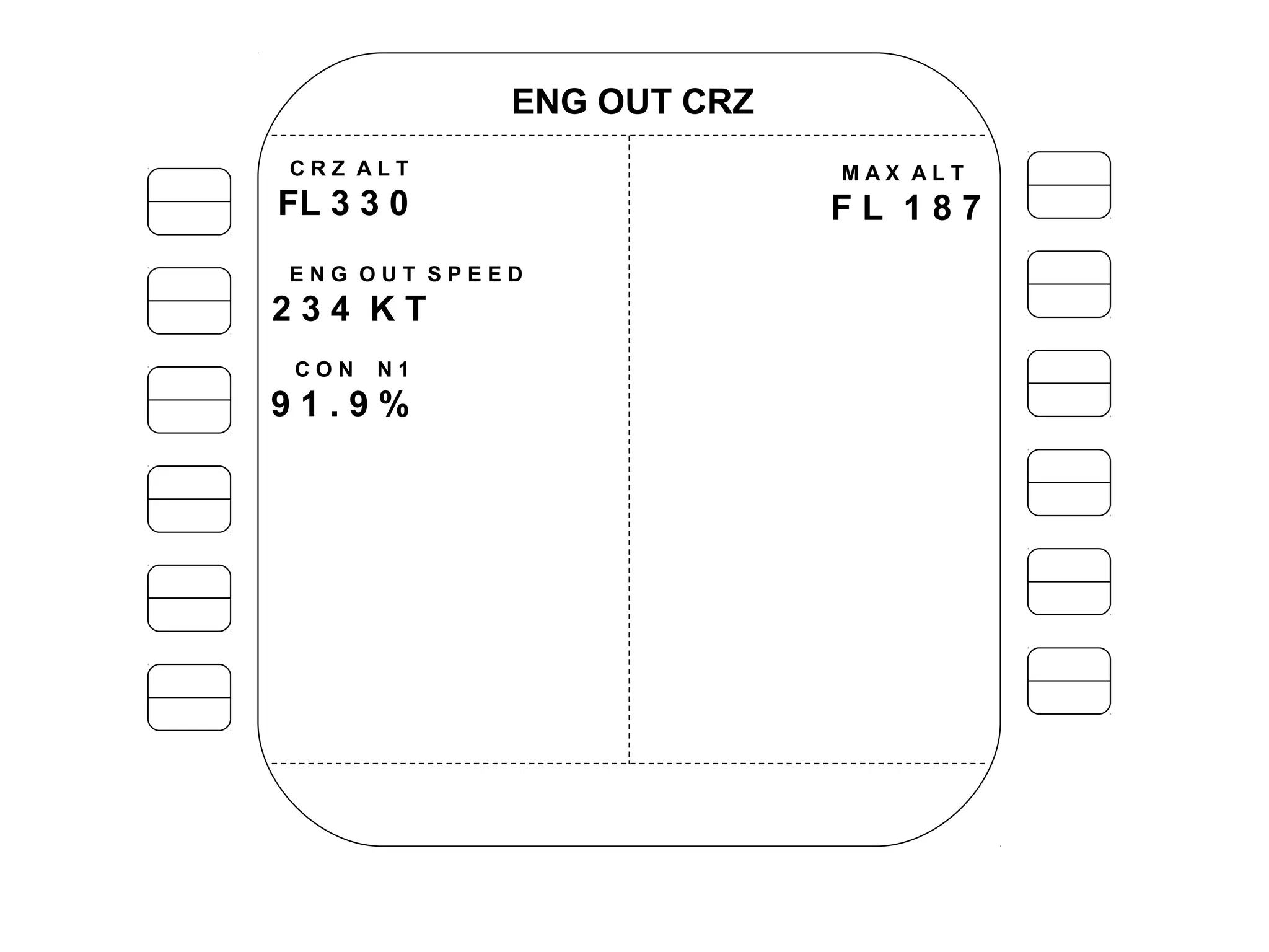 ENG OUT CRZ
C R Z A L T
FL 3 3 0
M A X A L T
F L 1 8 7
E N G O U T S P E E D
2 3 4 K T
C O N N 1
9 1 . 9 %
 