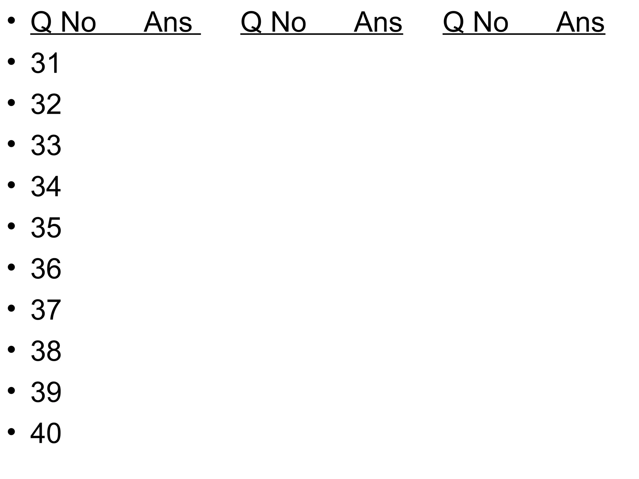 • Q No Ans Q No Ans Q No Ans
• 31
• 32
• 33
• 34
• 35
• 36
• 37
• 38
• 39
• 40
 