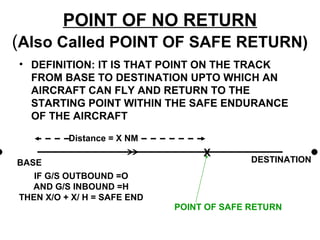 POINT OF NO RETURN
(Also Called POINT OF SAFE RETURN)
• DEFINITION: IT IS THAT POINT ON THE TRACK
FROM BASE TO DESTINATION UPTO WHICH AN
AIRCRAFT CAN FLY AND RETURN TO THE
STARTING POINT WITHIN THE SAFE ENDURANCE
OF THE AIRCRAFT
BASE
• •DESTINATION
X
POINT OF SAFE RETURN
Distance = X NM
IF G/S OUTBOUND =O
AND G/S INBOUND =H
THEN X/O + X/ H = SAFE END
 