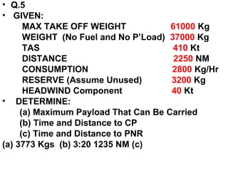 • Q.5
• GIVEN:
MAX TAKE OFF WEIGHT 61000 Kg
WEIGHT (No Fuel and No P’Load) 37000 Kg
TAS 410 Kt
DISTANCE 2250 NM
CONSUMPTION 2800 Kg/Hr
RESERVE (Assume Unused) 3200 Kg
HEADWIND Component 40 Kt
• DETERMINE:
(a) Maximum Payload That Can Be Carried
(b) Time and Distance to CP
(c) Time and Distance to PNR
(a) 3773 Kgs (b) 3:20 1235 NM (c)
 