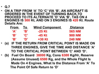 • Q.7
• ON A TRIP FROM ‘A’ TO ‘C’ VIA ‘B’, AN AIRCRAFT IS
ORDERED IN THE EVENT OF TURNING BACK,TO
PROCEED TO ITS ALTERNATE ‘D’ VIA ‘B’. TAS ON 4
ENGINES IS 500 Kt, AND ON 3 ENGINES IS 420 Kt. Route
Details Are:
From To Wind Component Distance
‘A’ ‘B’ -25 Kt 565 NM
‘B’ ‘C’ -45 Kt 900 NM
‘B’ ‘D’ +30 Kt 240 NM
• (a) IF THE RETURN FROM CRITICAL POINT IS MADE ON
THREE ENGINES, GIVE THE TIME AND DISTANCE ‘A’
TO THE CRITICAL POINT BETWEEN ‘C’ AND ‘D’.
• (b) Fuel On Board 38000 Kg, Cons 6300 Kg/Hr, Reserve
(Assume Unused) 6500 Kg, and the Whole Flight Is
Made On 4 Engines, What Is the Distance From ‘A’ To
The Point Of Safe Return to ‘D’
 